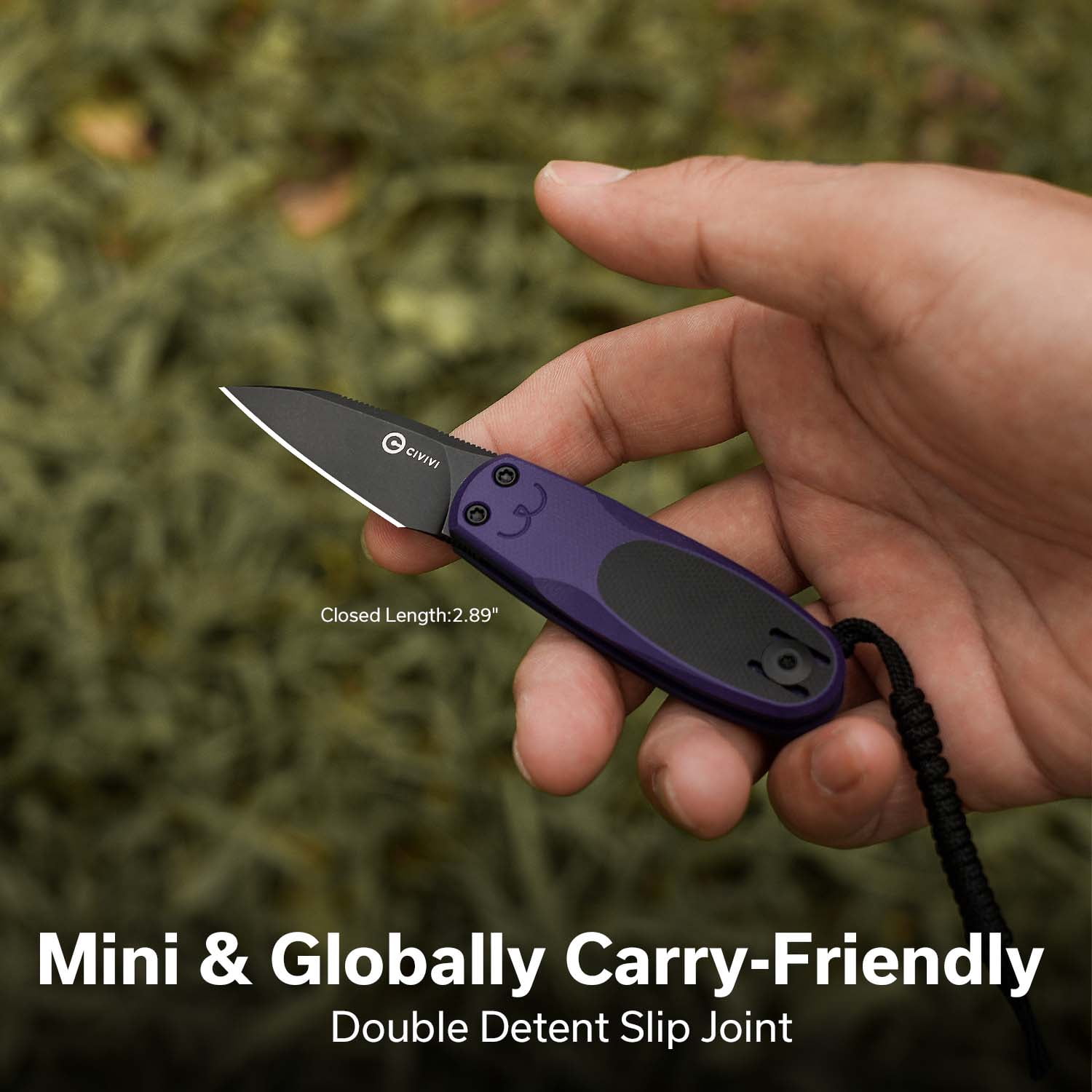 CIVIVI Purr Pocket Knife Folding Knife Slip Joint Knife with 1.83" Black Stonewashed Nitro-V Blade Purple & Black G10 Handle C25054-3, With 1PC Black Lanyard