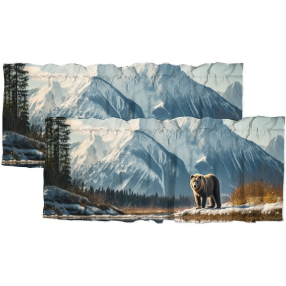 Winter Bear Rod Pocket Thermal Insulated Curtain Valance Forest Tree Snow Mountain Nature Scenery Privacy Window Valances for Living Room Kitchen 54 by 18 in, 2 Panel