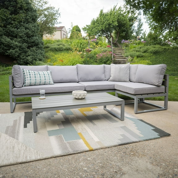 Walker Edison 4-Piece Aluminum Outdoor Patio Conversation Set with Cushions, Grey