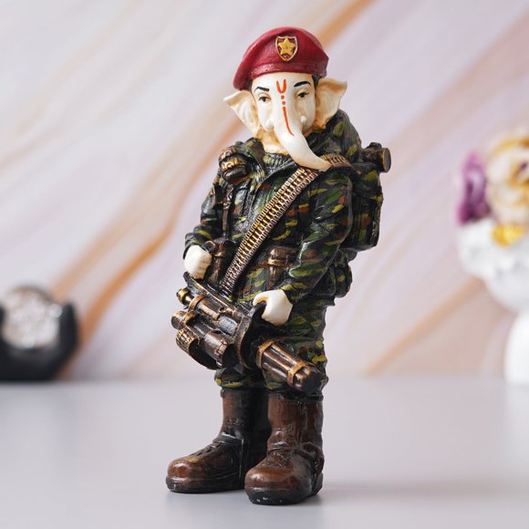 Polyresin Handcrafted Soldier Lord Ganesha Idol With Machine Gun | Beautifully Handcrafted