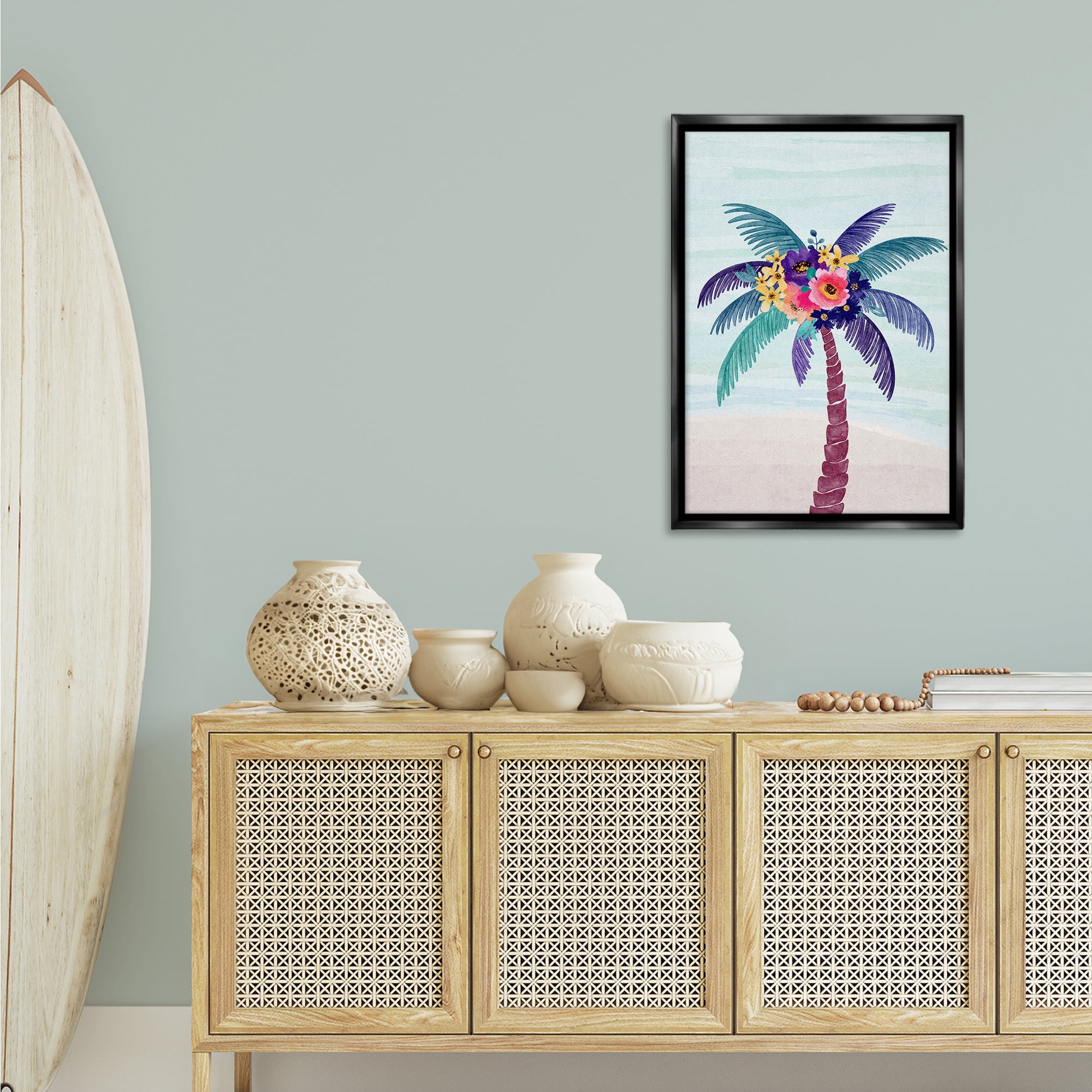Stupell Industries Floral Palm Tree Beach Plants & Flowers Painting Black Floater Framed Canvas Art Print Wall Art, 21 x 31
