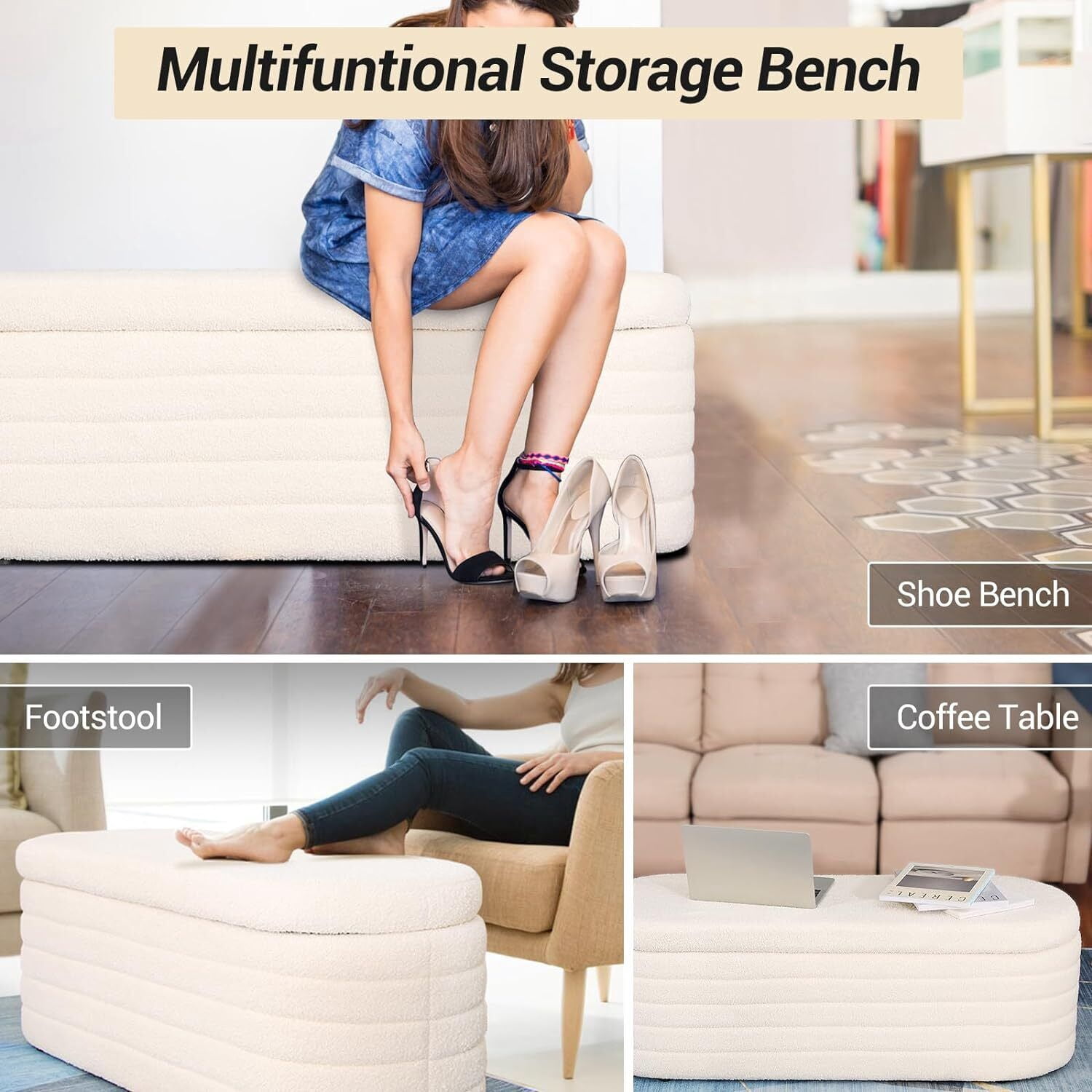 RIDWIND 45.5 inch White Teddy Velvet Storage Ottoman Bench Upholstered Bedroom End of Bed with Safety Hinge for Bedroom Living Room Entryway Dorm Foot Rest Footstool