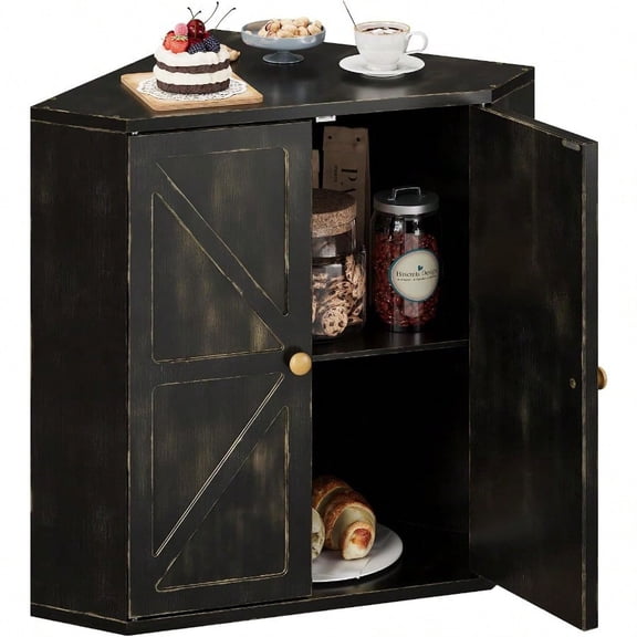 Corner Bread Box for Kitchen Counter Double Layer Bamboo Bread Storage Container Large Capacity Bread Storage Bin Farmhouse Breadbox Organizer Antique Black