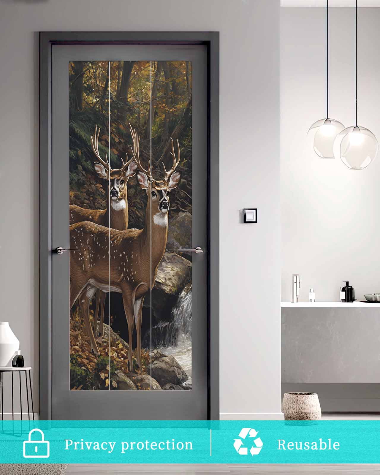 Window Privacy Film Forest Deer Stained Glass Window Film Decorative Sun Block Window Cover Farmhouse Vintage River Elk Window Clings Static Adhesive Sticker for Bathroom 23.6"x59"