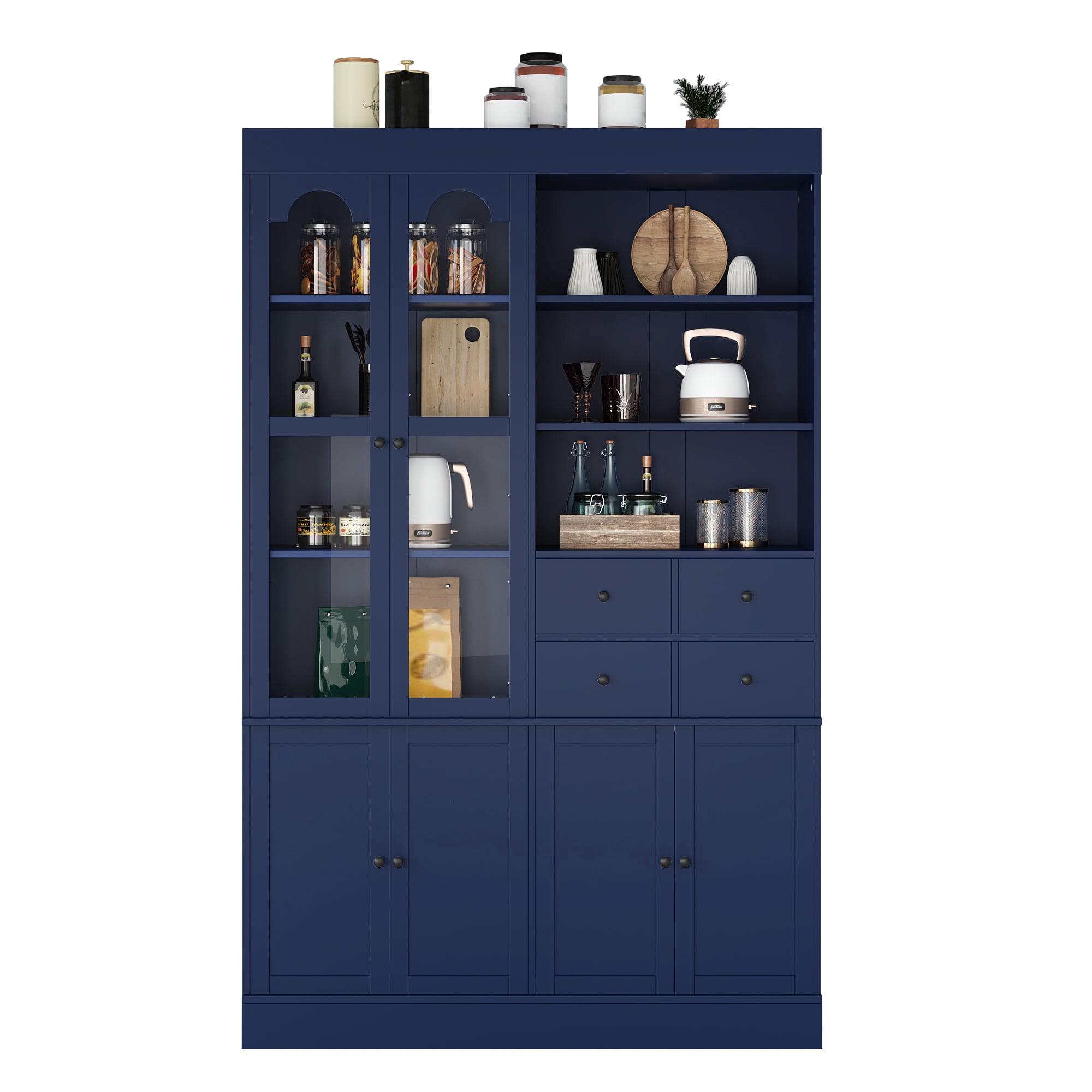 Euroco 47.2x15.7x75inch Freestanding Buffet with Hutch, Tall Kitchen Pantry Cabinet with 4 Drawers, Door Shelves and Pull-out Trays for Dining room, Living Room, Blue