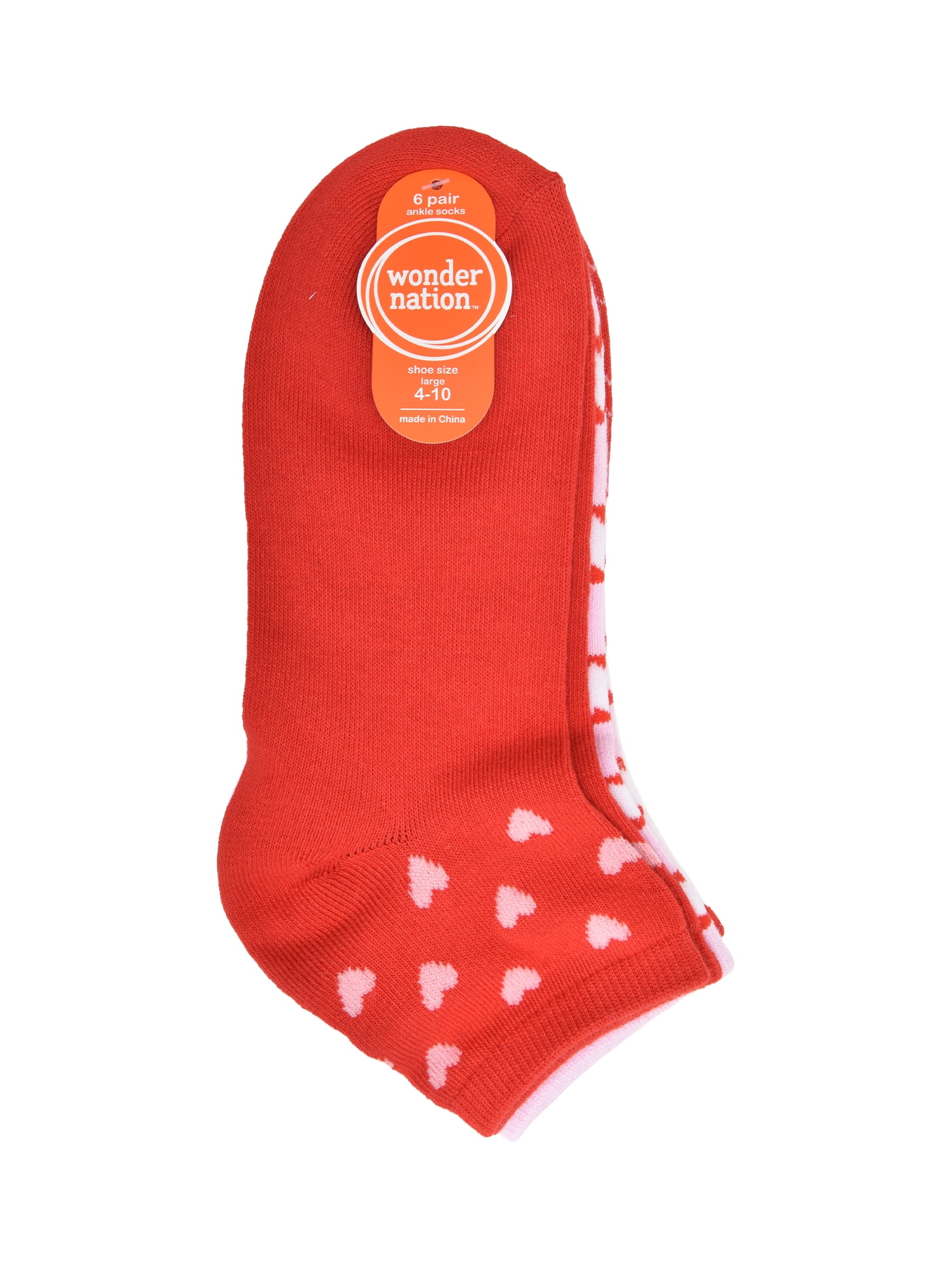 Wonder Nation Girls Heart Quarter Crews Socks, 6-pack, Size Large (Shoe Size 3-9)