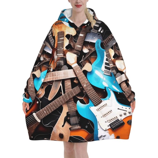 Music Guitar Print Oversized Blanket Hoodie, Wearable Blanket Adult For Women Men And Teenager, Super Soft Warm Flannel Fluffy Hooded Blankets Sweatshirt With Big Pocket
