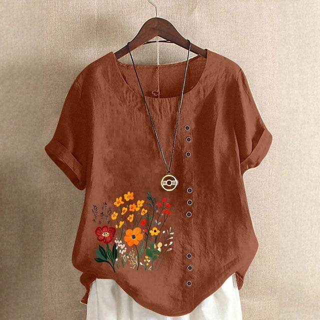 Lydiaunistar Women's Spring Tops Plus Size Casual Printed Short Sleeve Round Neck Blouse Button-Up Lightweight Polyester Top for Spring Summer Fall Fashion Daily Wear Coffee