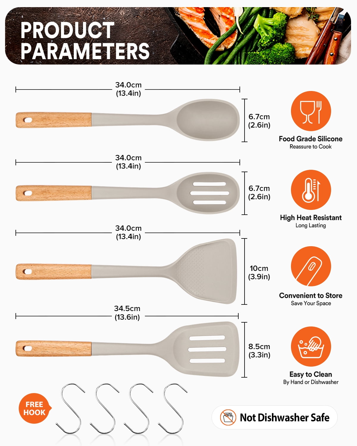 Badiano 4 Pack Wood Handle Silicone Kitchen Cooking Utensils Set for Nonstick Cookware Surface,Khaki