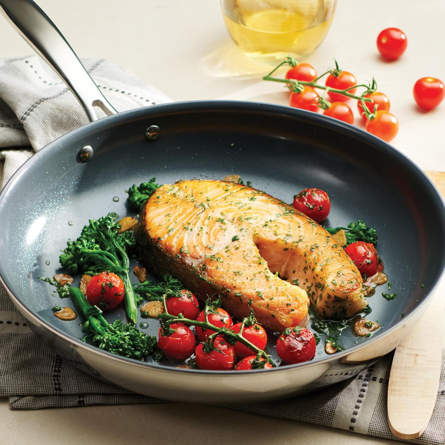 Tramontina Signature 12-Inch Tri-Ply Clad Stainless Steel Large Frying Pan with Ceramic Non Stick Interior, Oven-Safe, Dishwasher-Safe, Induction-Ready