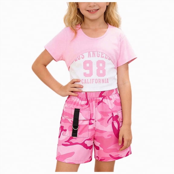 Hessimy Girl's T-Shirt and Shorts Set Cotton Summer Short Sleeve Children Two Pieces Clothing Pants Sets,All Cotton（Pink,7-8 Years)
