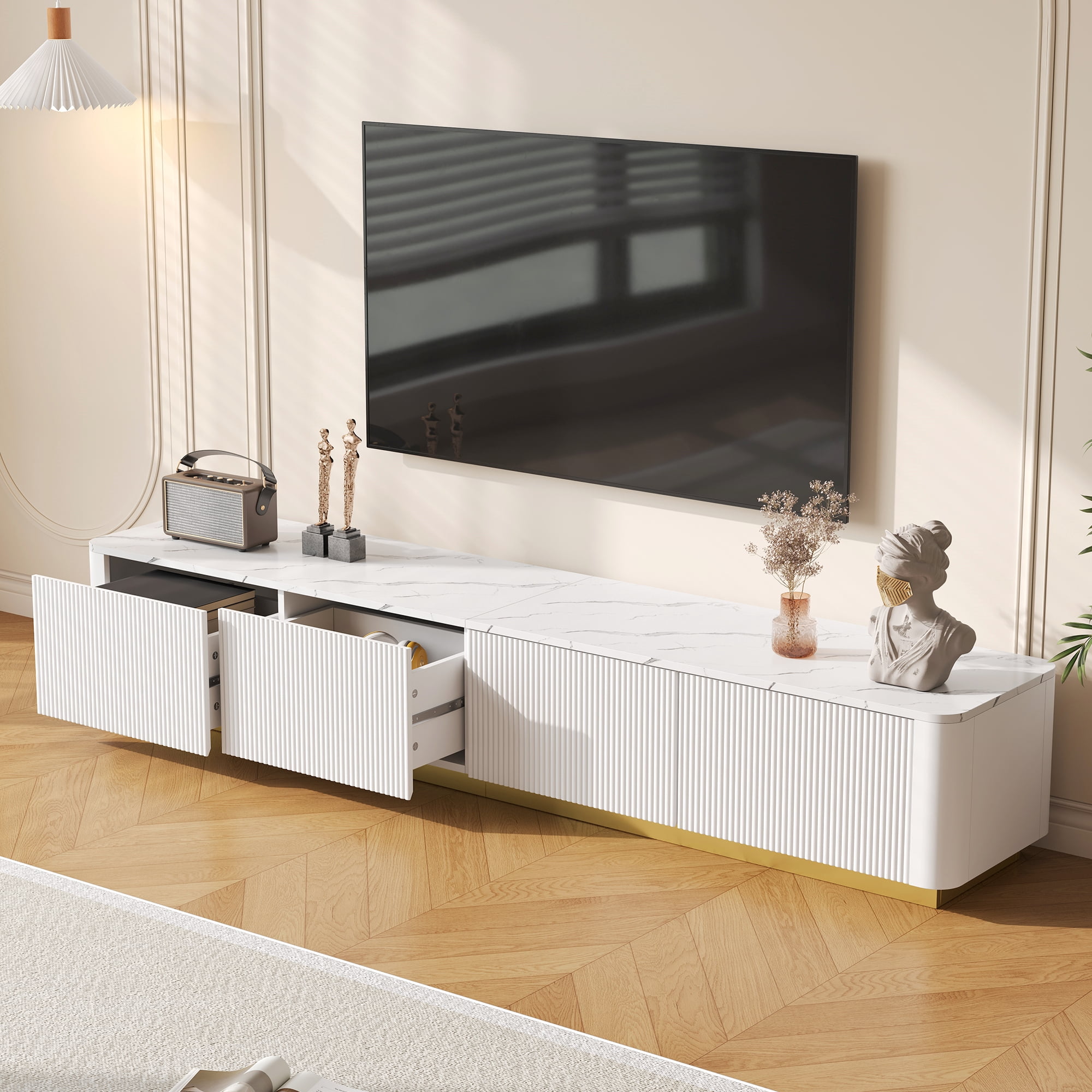 Harper & Bright Designs Fluted TV Stand for 85 inch TV with Gold Base, Modern Media Console with 4 Drawers, Entertainment Center with Curved Profile Design for Living room, White