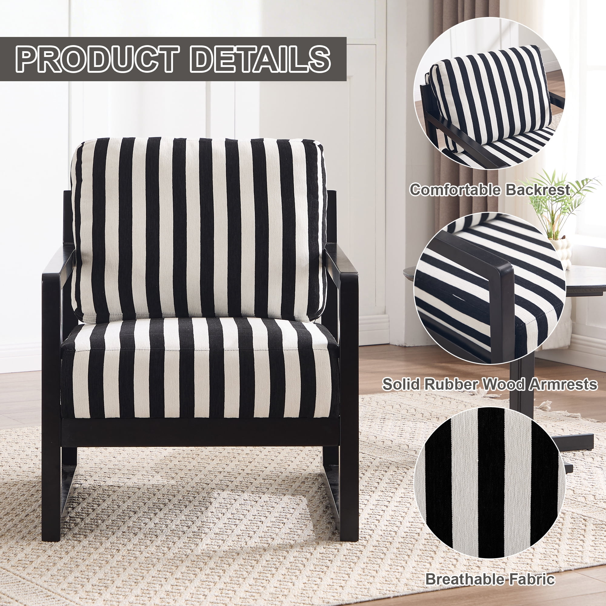 Leumius Modern Fabric Lounge Chair, Single Sofa Chair with Armrests, Upholstered Lounge Chair with Wooden Frame, Suitable for Living Room Bedroom Study,Black and White Stripes
