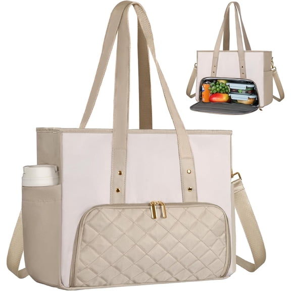 Lunch Tote Bag for Women, 15.6 Inch Laptop Bag with Insulated Lunch Compartment & Cup Holder for Work, Office,Teacher,College, Daily, Khaki&White