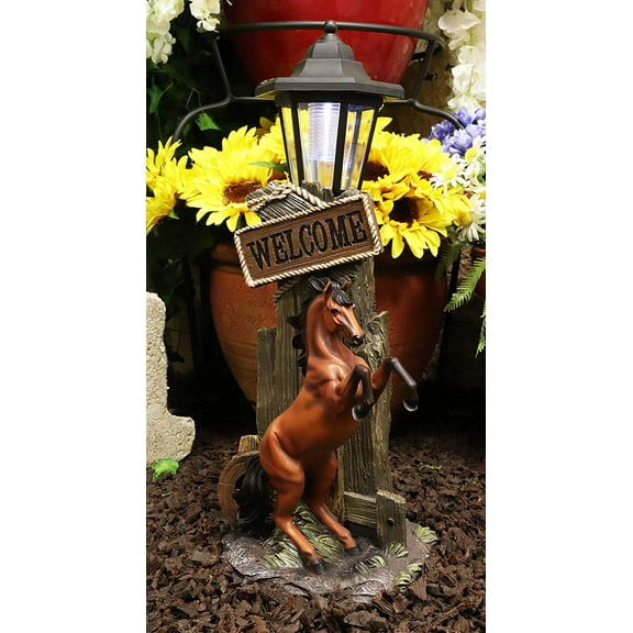 Ebros Western Rearing Horse with Welcome Sign Statue w/ Solar LED Lantern Light