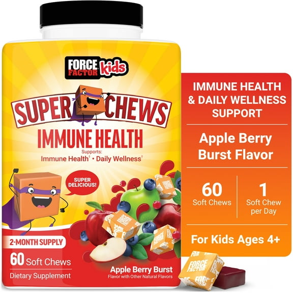 Force Factor Kids Immune Health Super Chews, Kids Immune Support with Vitamin D, Elderberry, Vitamin C & Zinc, Apple Berry, 60 Soft Chews