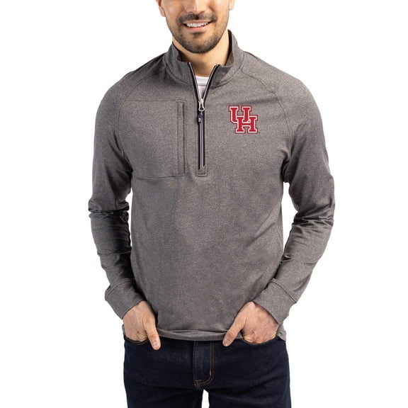Women's-Cutter & Buck  Heather Black Houston Cougars Adapt Eco Knit Stretch Recycled DryTec Raglan Quarter-Zip Pullover