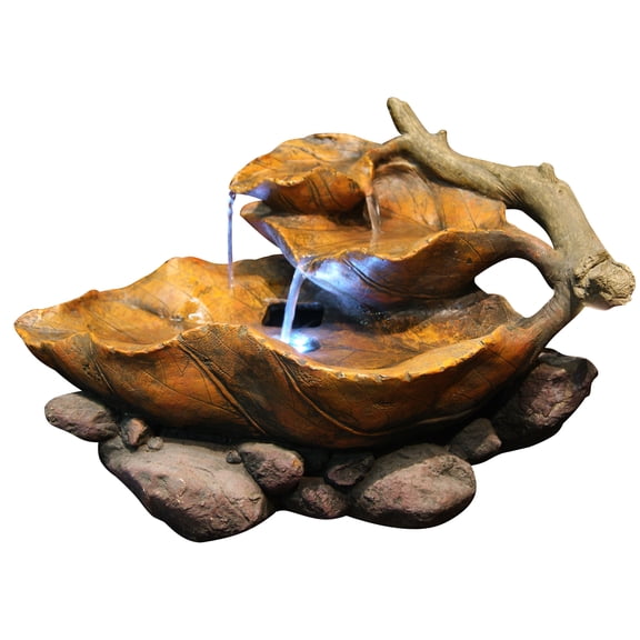 Alpine Corporation Tiered Leaf Tabletop Fountain, White LED Lights, 9 Inch Tall