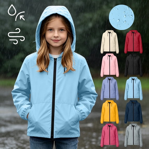 FRSASU Girl's Waterproof Hooded Windbreaker Jacket Zip‑Up Long‑Sleeve Drawstring Hood & Elastic Cuffs Rain Coat for 5‑16 Years Yellow