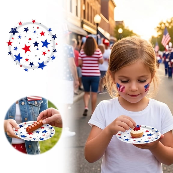 4th of July Party Supplies Patriotic Disposable Paper Plates Independence Day Dinner Plates Red White Blue Stars Stripes Food Serving Tray for USA 250th Anniversary BBQ Picnic Tableware 24Pcs