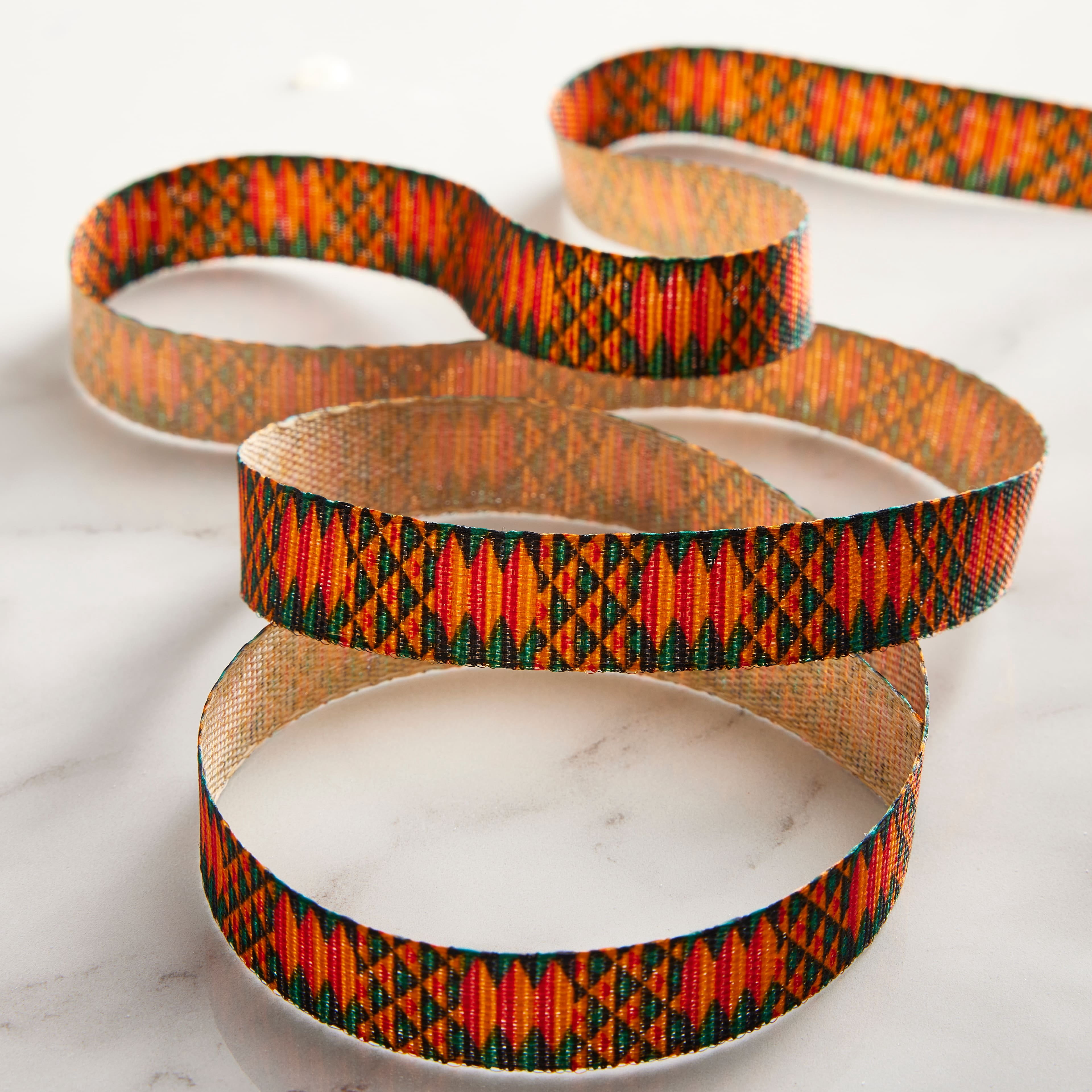 Celebrate It 5/8" x 7yd. Faux Linen Geometric Ribbon - Green & Orange, Non-Wired with Woven Selvage, Polyester - Ideal for Gift Wrapping, Baskets & DIY Decor, 12 Pack
