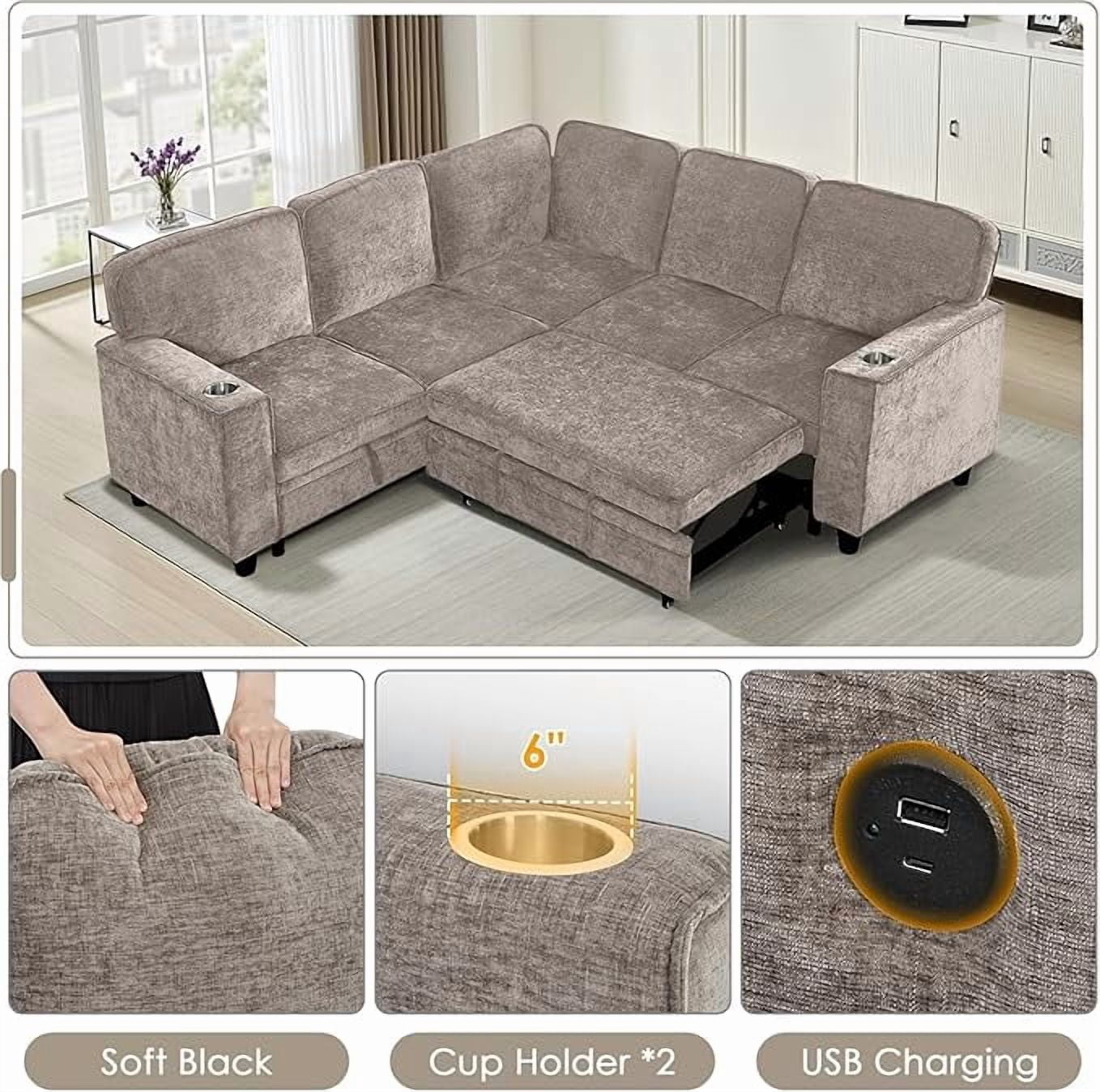 81" Modular Sectional Sofa, L Shaped 5-Seater Sleeper Sofa with Pull Out Bed, Hidden Storage, Cup Holders & USB Charging Ports, Sectional Couches for Living Room，Chenille，Light Brown