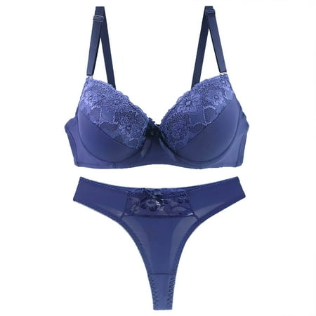 Chuancc Bra and Panty Set Womens Thong Underwear Women s Underwire Lace Bras Pu Sh Up Bra And Sexy Bikini Pan Sets Bikini Sets for Women Blue 100E Clearance
