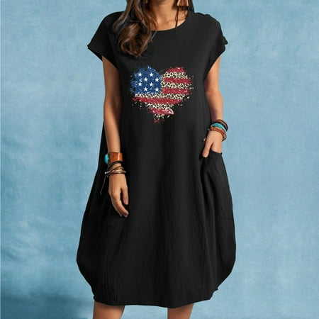 

Hvyesh Summer Dresses for Women 2023 Casual Elegant Midi Dress 4th of July Pattern Crew Neck Sundresses Short Sleeve Soft Dresses Black