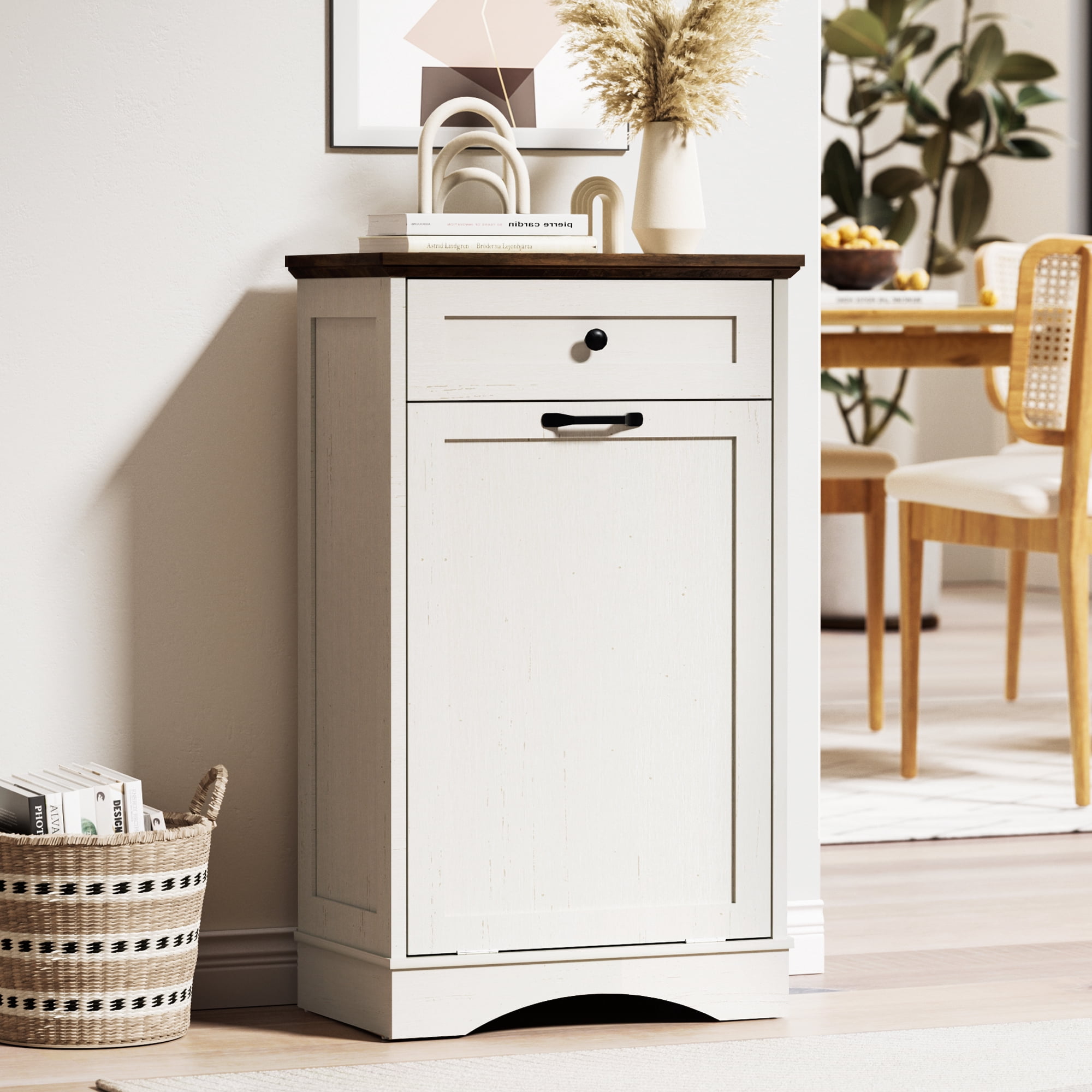 AHB 13 Gallon Tilt Out Kitchen Trash Cabinet with Drawer, Single Trash Can Storage Organizer, 20.9"L x 13.55"W x 38.5"H , White