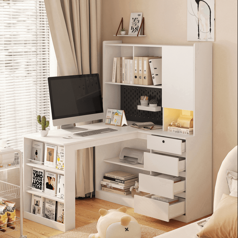 Tcbosik L-Shaped Corner Desk with LED Lights and Charging Station, Computer Desk with Hutch, Bookshelf & Pegboard, Writing Table with Shelf, Door and 4 Drawers for Home Office, White