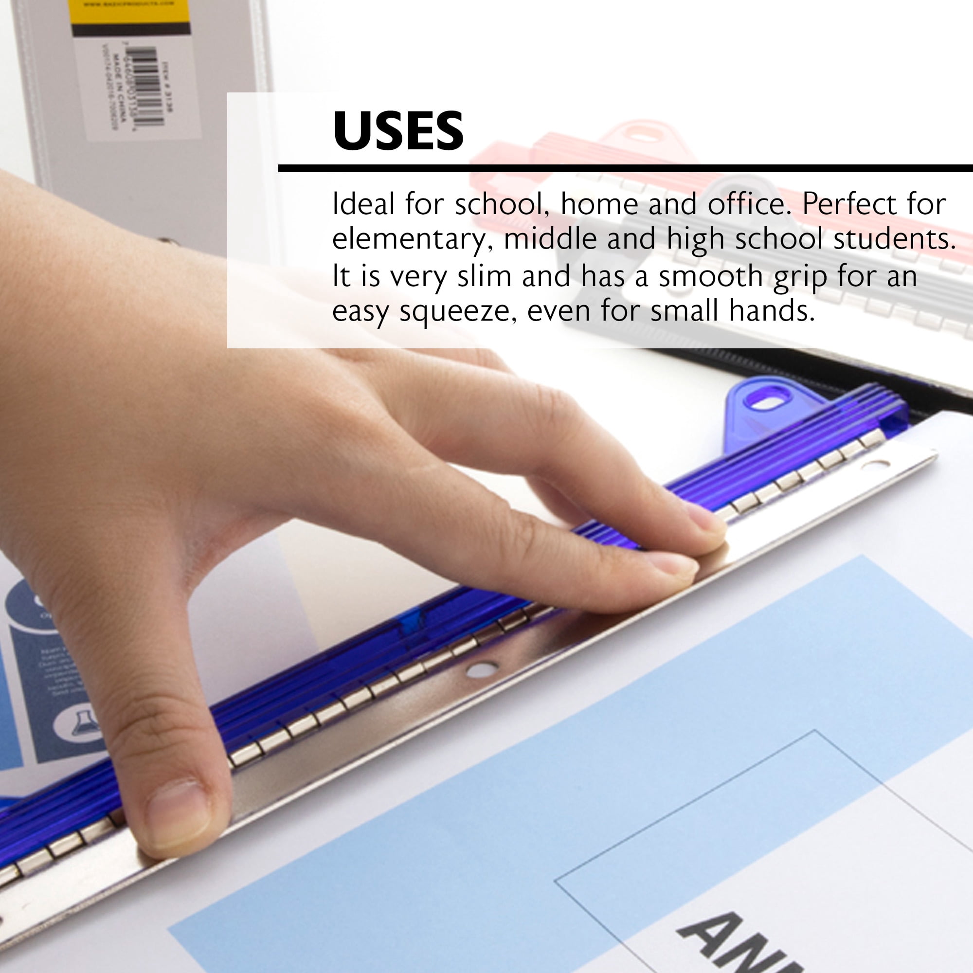 Desktop Portable Paper Punch 3 Hole 1/4" w/ 10" Ruler Guide, Red, Grey, Blue - 3-Pack - Enday