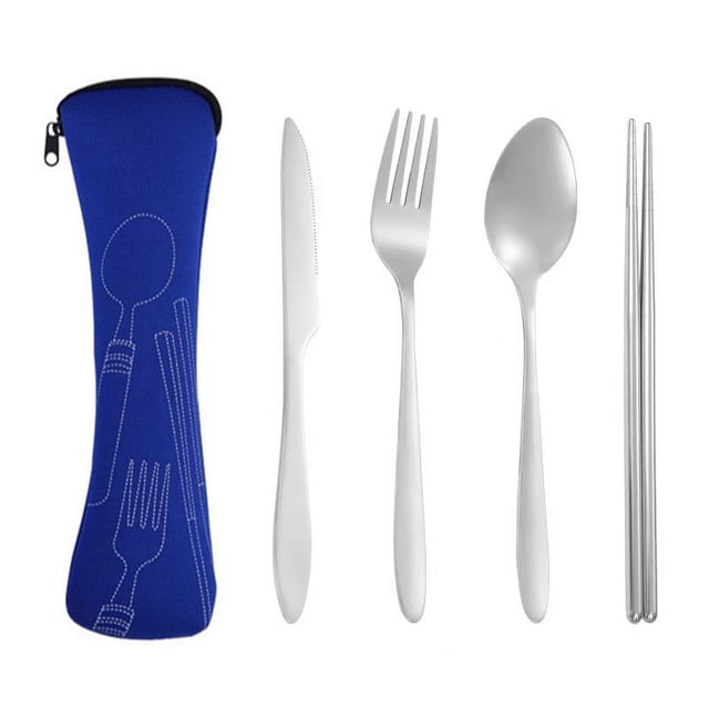 Namzi Portable Travel Dinnerware With Case, Stainless Steel Reusable Portable Utensils Set With Case, Travel Silverware Set With Case-Dark Blue