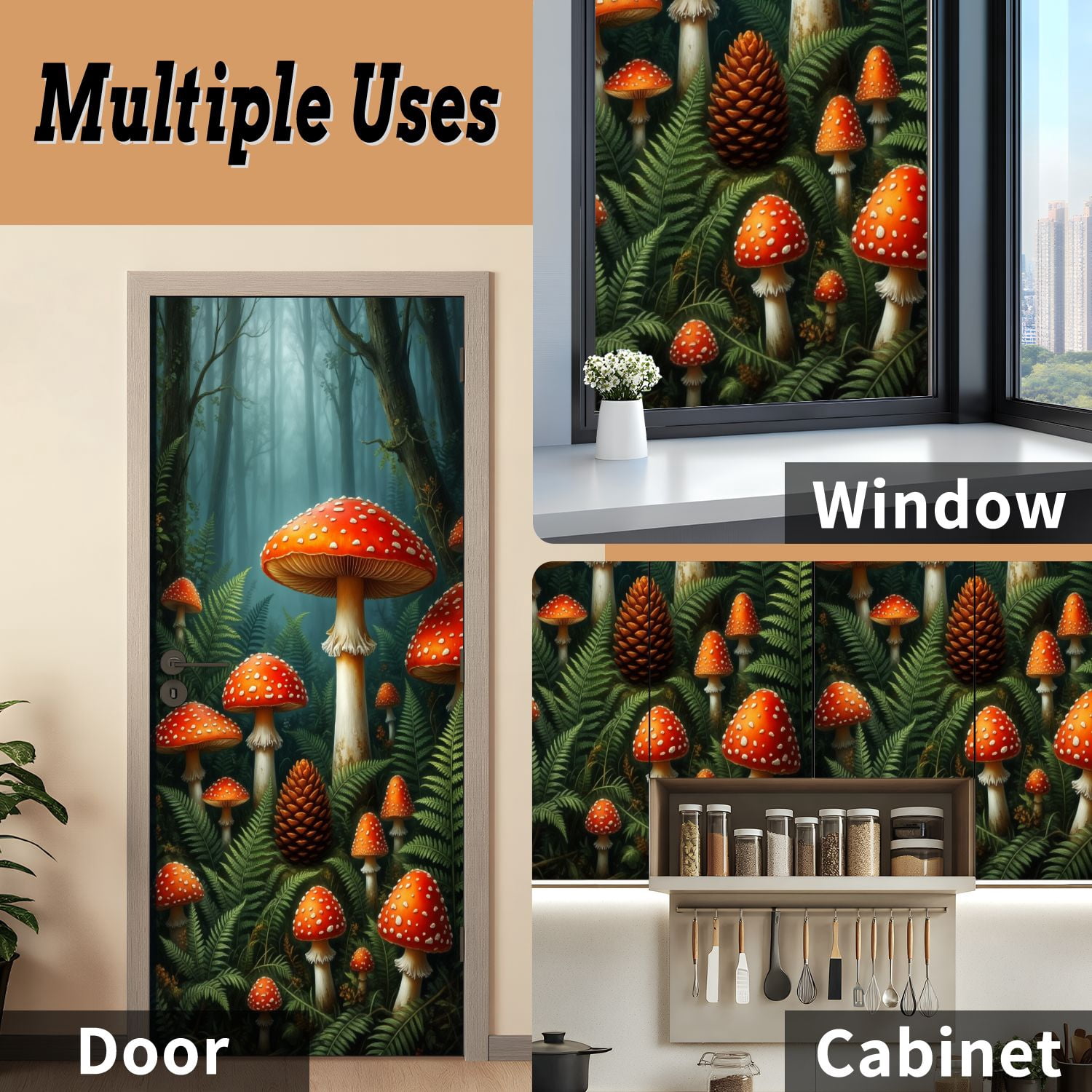 Self Adhesive Vinyl Refrigerator Wrap Set Mushrooms Forest Ferns Pinecone Mystical Fantasy Botanical Door Mural Removable Fridge Sticker Peel and Stick&nbsp;Full Door Cover Decal Kitchen Bar Decor