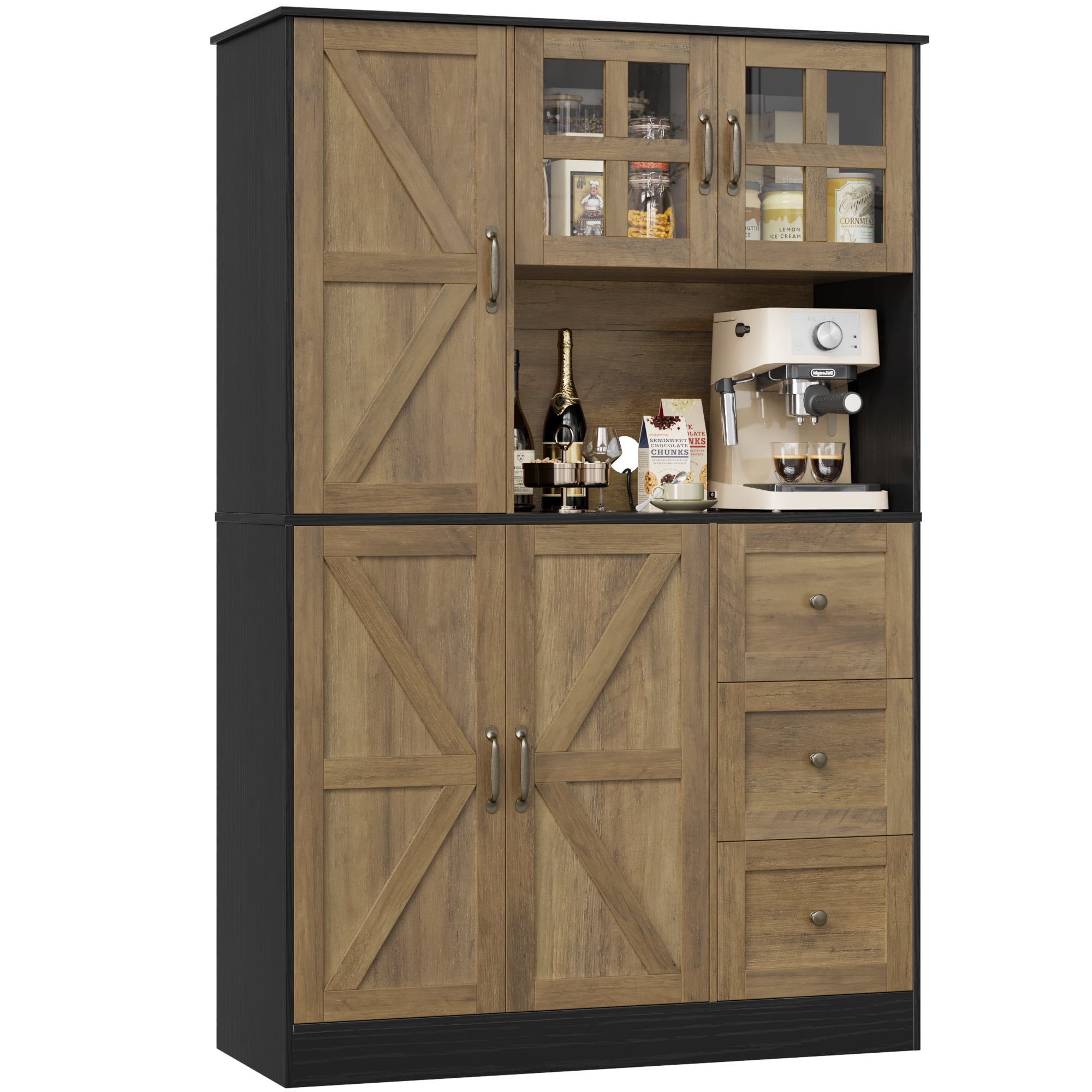Homfa 62″ Farmhouse Pantry Cabinet with Microwave Shelf, Kitchen Hutch with Adjustable Shelves, 5-doors Freestanding Cupboard for Living Dining Room, Oak