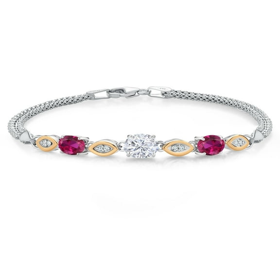 Gem Stone King 925 Silver and 10K Yellow Gold White Moissanite and Red Created Ruby and White Lab Grown Diamond Bracelet for Women (1.96 Cttw, Gemstone, Oval, Wheat Chain, 6.5 inches)