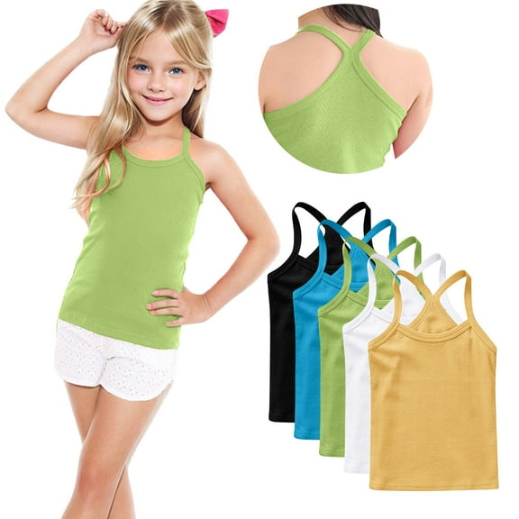 ZACPNCV 5PC Girls Dance Tank Tops Racerback Camisole Undershirts Summer Spaghetti Strap Sleeveless Crop Tops for Active Workout Tanks Green 6-7 Years