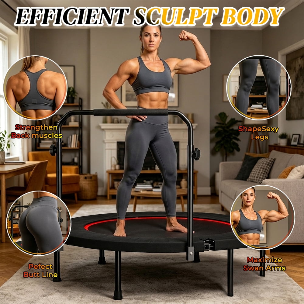 40 Inch Spring Mini Fitness Trampoline for Adults,3-Level Adjustable Adjustable Foam Handle Foldable Rebounder,Indoor Outdoor Home Gym Workout Equipment,Max Load 450LBS Exercise Equipment