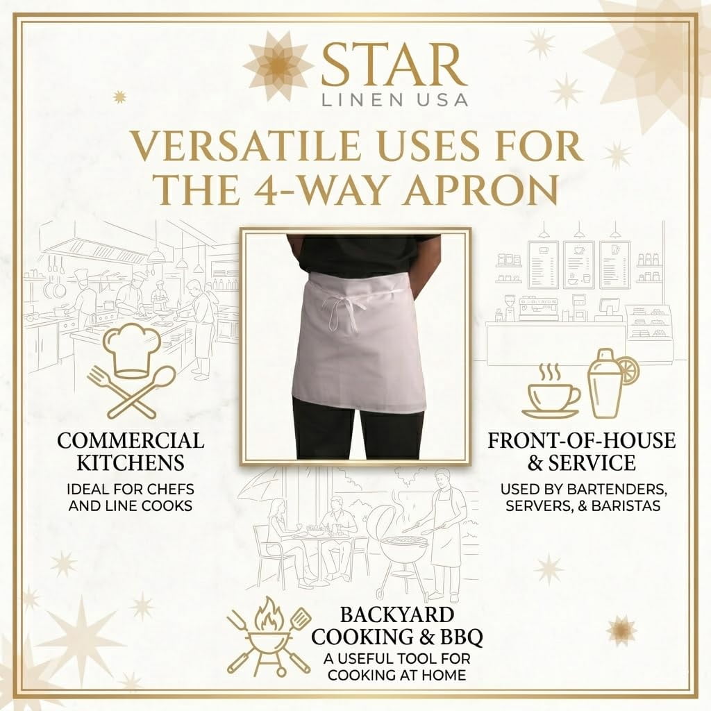 48 Pack Premium Four Way Apron | 17x34 | White | 55% Cotton 45% Polyester | Tie Strap Closure | Machine Washable