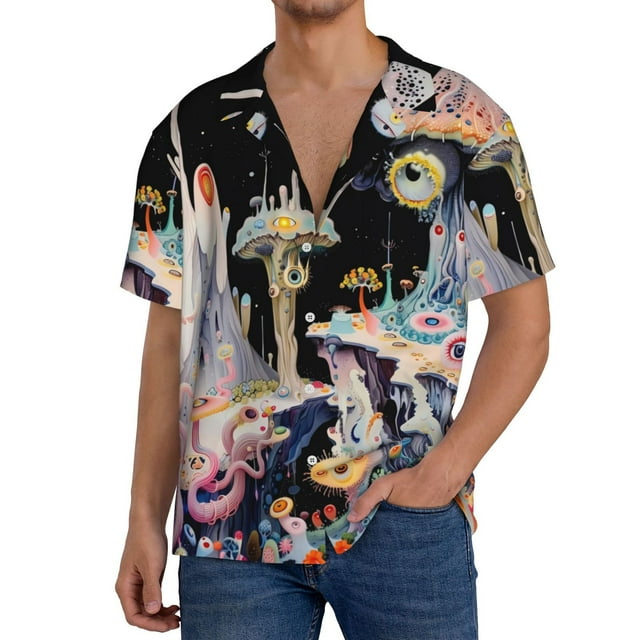 Fotbe Cute Mushroom Landscape Camisa Estampada de Manga Corta para Hombre, Casual de Verano, Estilo Playero, Sin Arrugas-Large