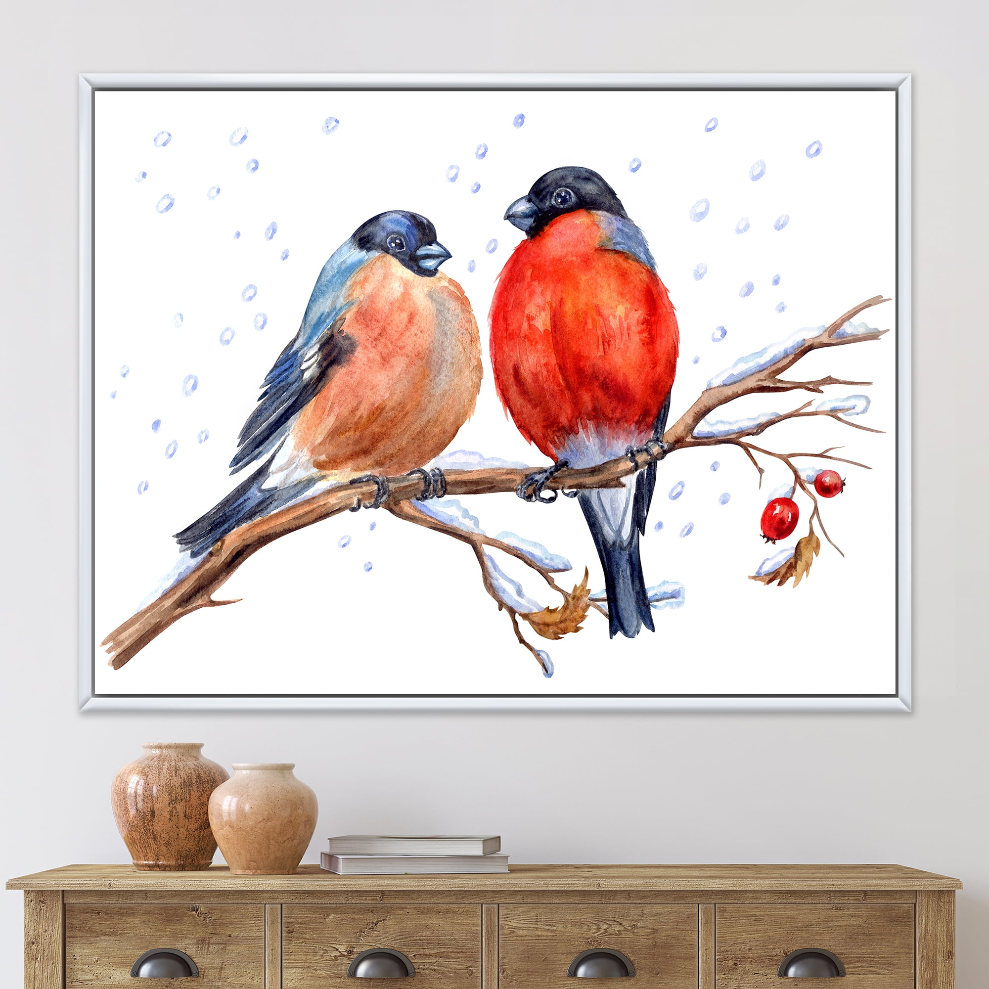 Designart 'Two Bullfinches On A Hawthorn Branch with Snowfall In Winter' Traditional Framed Canvas Wall Art Print