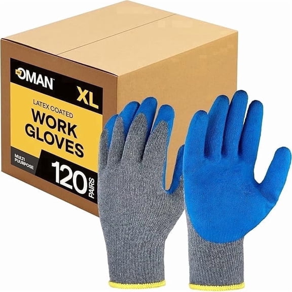 Extra Large 120 Pairs, Blue Latex Coated, Gardening Gloves, Work Gloves, Double dipped, Textured Grip Gloves for Men/Women