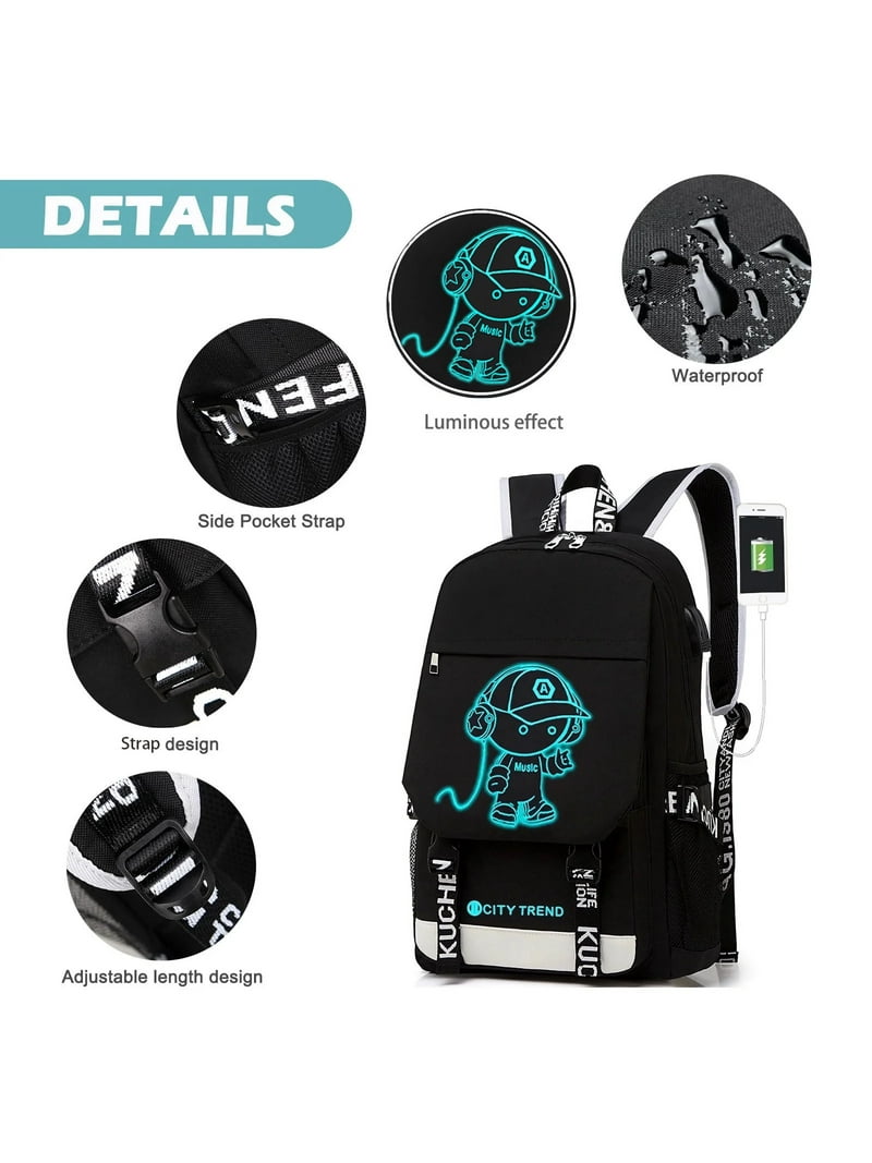 Ficcug Luminous School Bags Backpacks,16" Laptop Backpack with USB Charge Port,Student Bookbags for Boys Girls Women Men Teens,Black Ficcug Luminous School Bags Backpacks,16" Laptop Backpack with USB Charge Port,Student Bookbags for Boys Girls Women Men Teens,Black