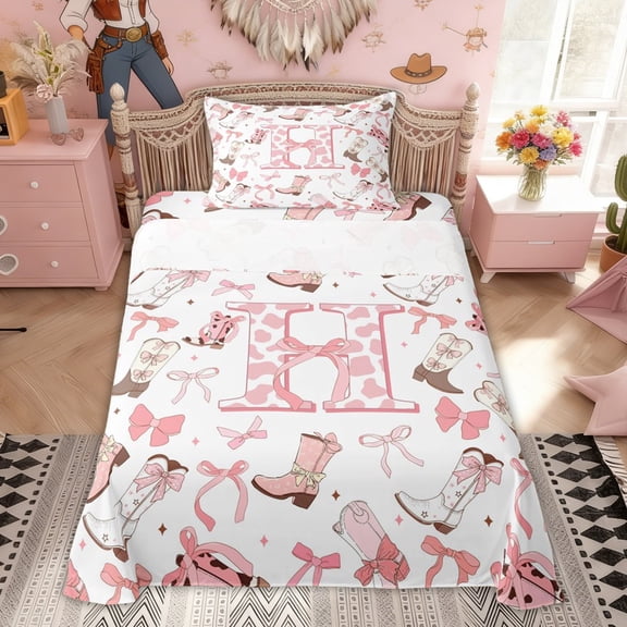 Erosebridal Cow Print H Letter Twin Sheet Sets, Western Bowknot Cowgirl Boot Bedding for Girls, 3pcs