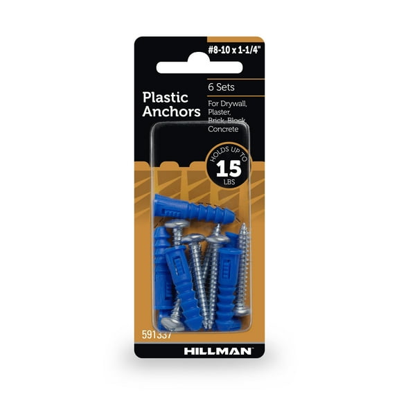 Hillman Multi-Material Ribbed Anchor Screws, #8-10 x 1-1/4", Plastic and Steel, 15 lbs, Blue, 6 sets