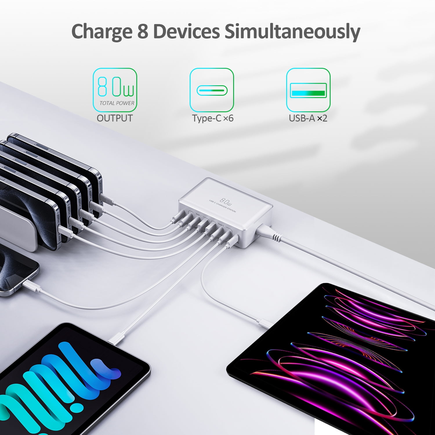 80W Usb C Charging Station, 8-Port Usb C And Usb A Multi Port Desktop Charger Adapter Plug Cube, 4-Foot Power Cord, Desktop Charging, Mobile Phone, Digital Fast Charging, Tablet Computer