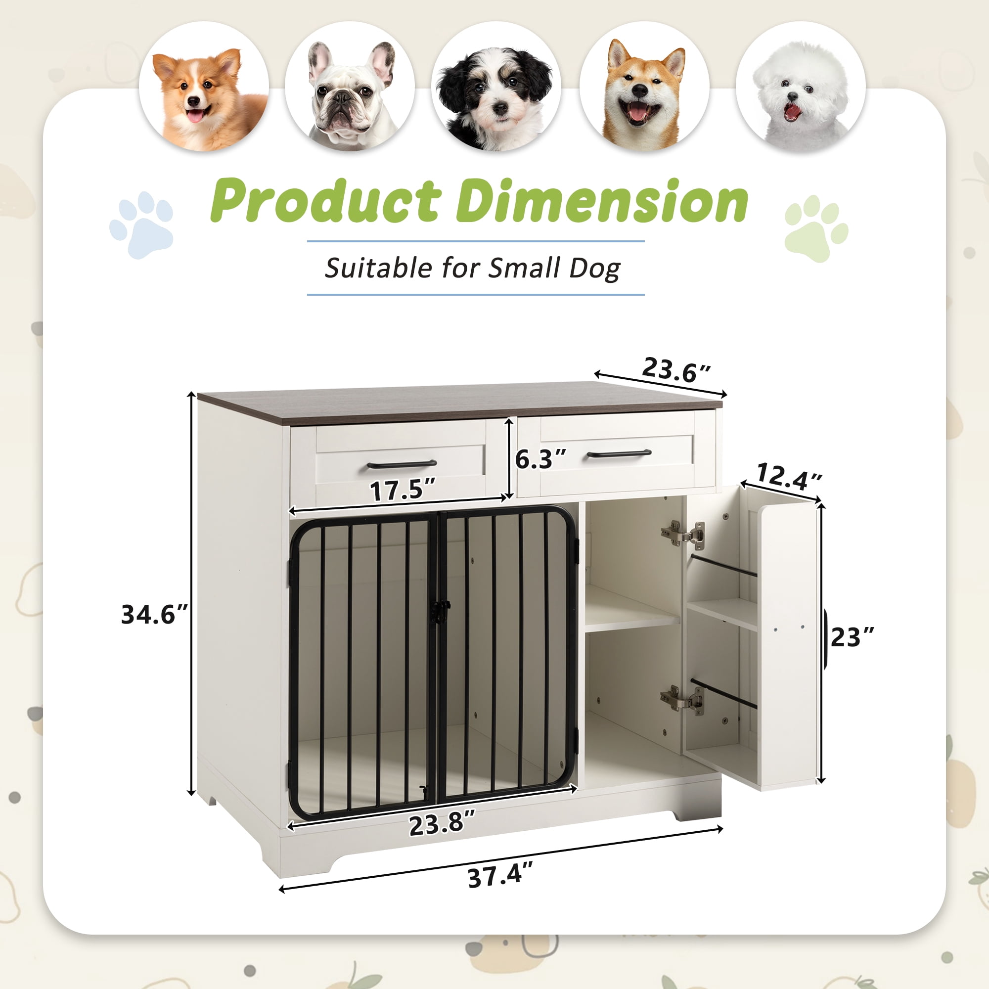 Euroco 2-in-1 Dog Crate Furniture with Storage Drawers and Cabinet, Chew-Resistant Indoor Dog Kennel with Double Locks, White & Brown Pet Crate Table