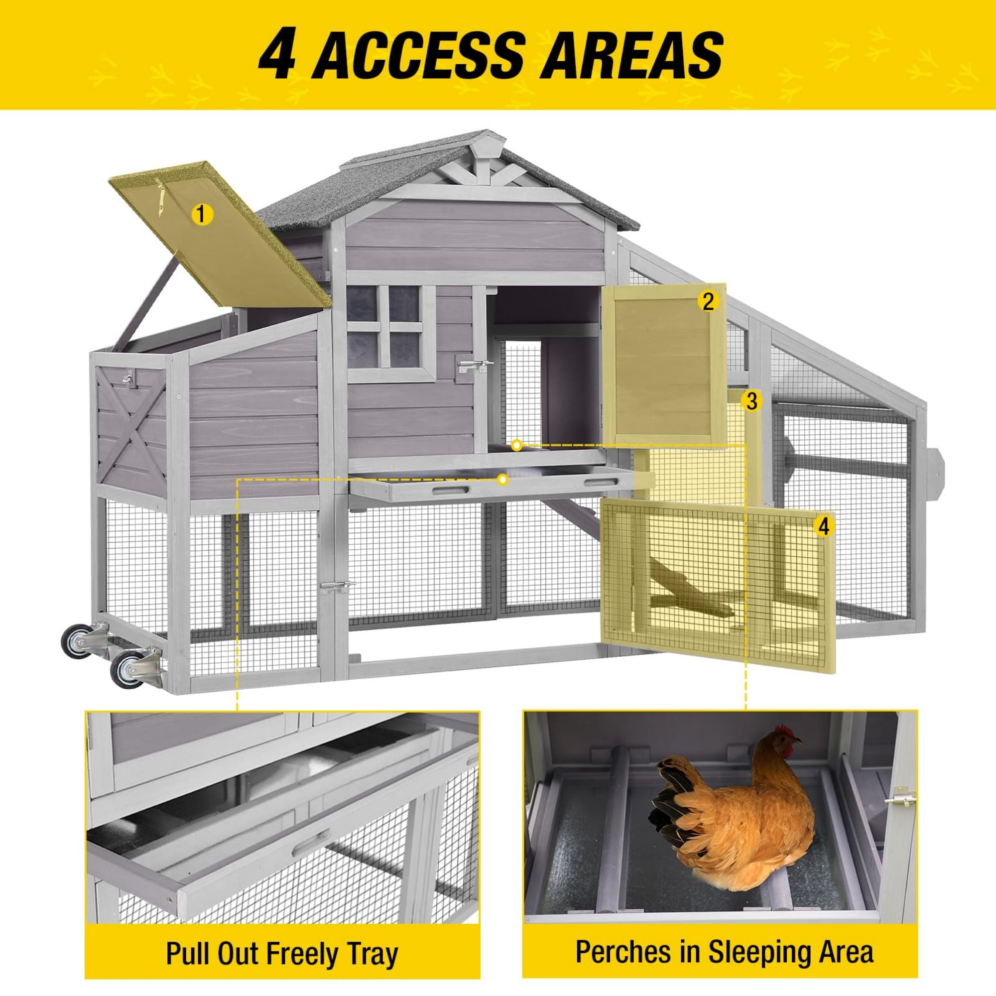 Aivituvin Large Chicken Coop with Wheels & Run, Mobile Hen House Outdoor Wooden Poultry Cage with Large Nesting Box Leakproof Pull-Out Tray, Gray