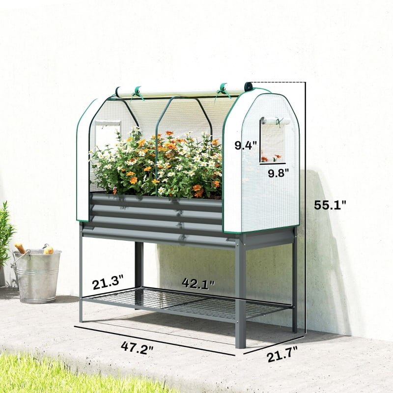 Alvantor 48"x24"x30" in Galvanized Raised Planter with Greenhouse Cover, Elevated Garden Bed on Legs with Shelf