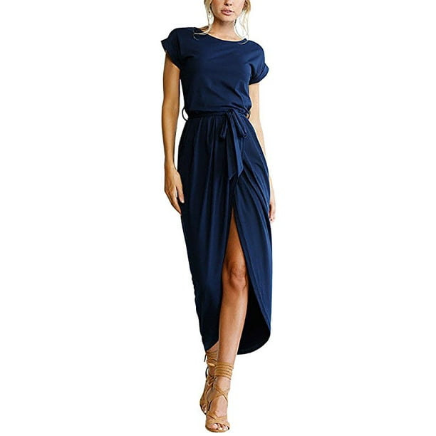 Women's Casual Short Sleeve Slit Solid Party Summer Long Maxi Dress