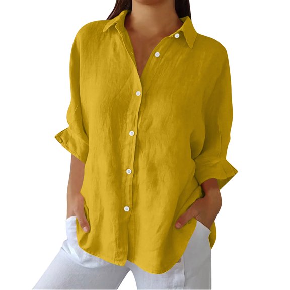 LIJCC Ladies Cotton and Linen Tie Back Shirt Women Button Down Shirts Cotton Linen Blouse Tops 3/4 Sleeve Collar Shirt Tunic Loose Fit Fashion Trendy Clothes